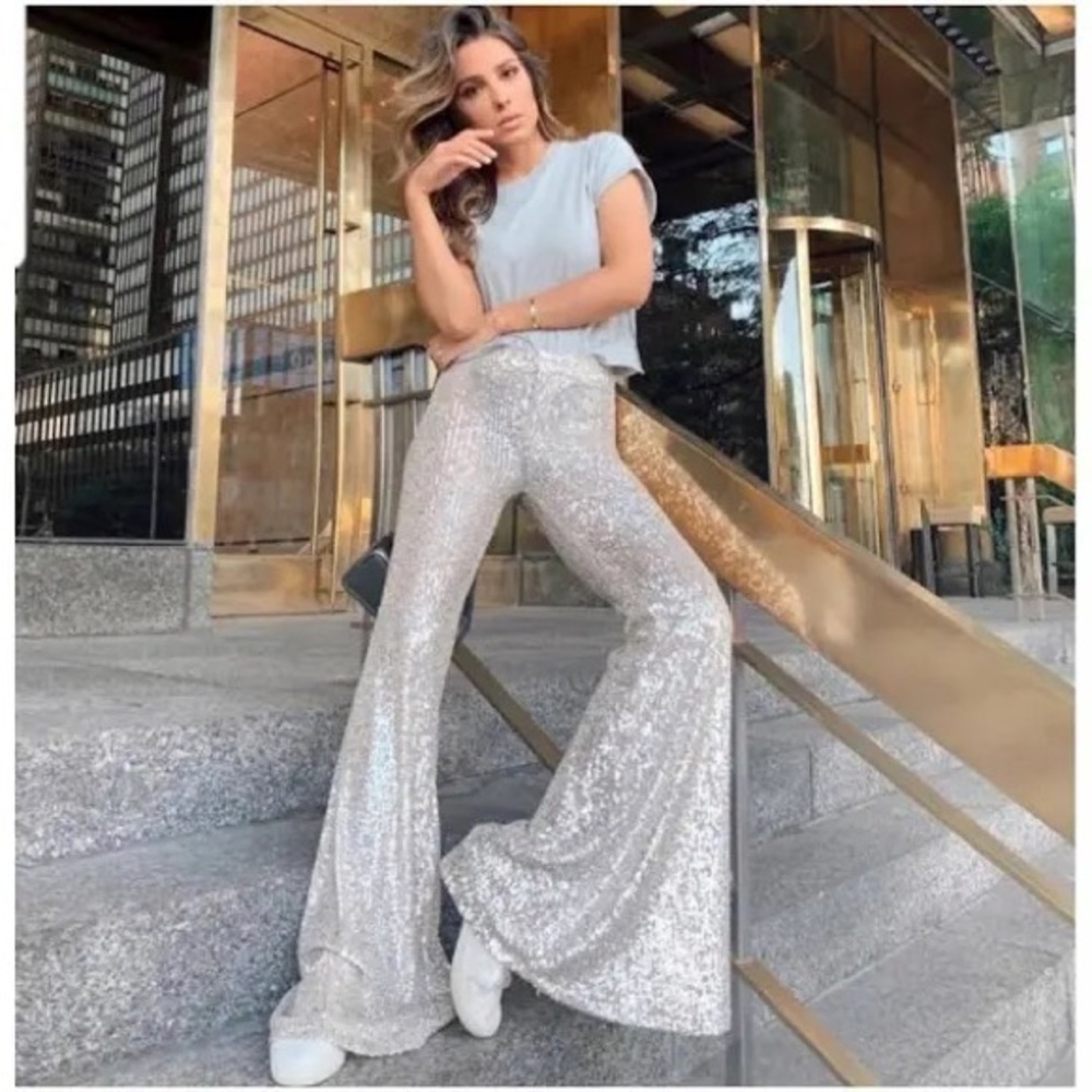 Zara Silver Sequined Bell Bottom Pants